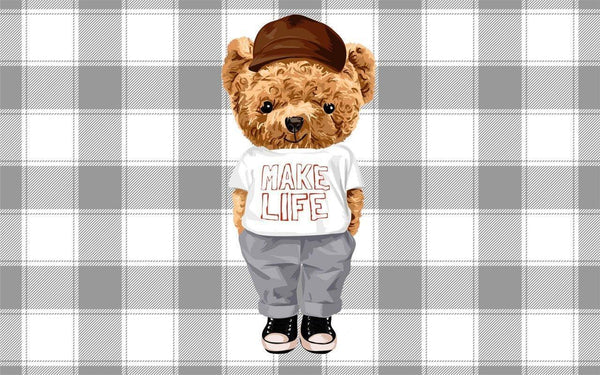 Missia Home PASPAS Teddy Bear Serisi Gri Zemin Kahverengi Şapkalı MAKE LIFE Desen