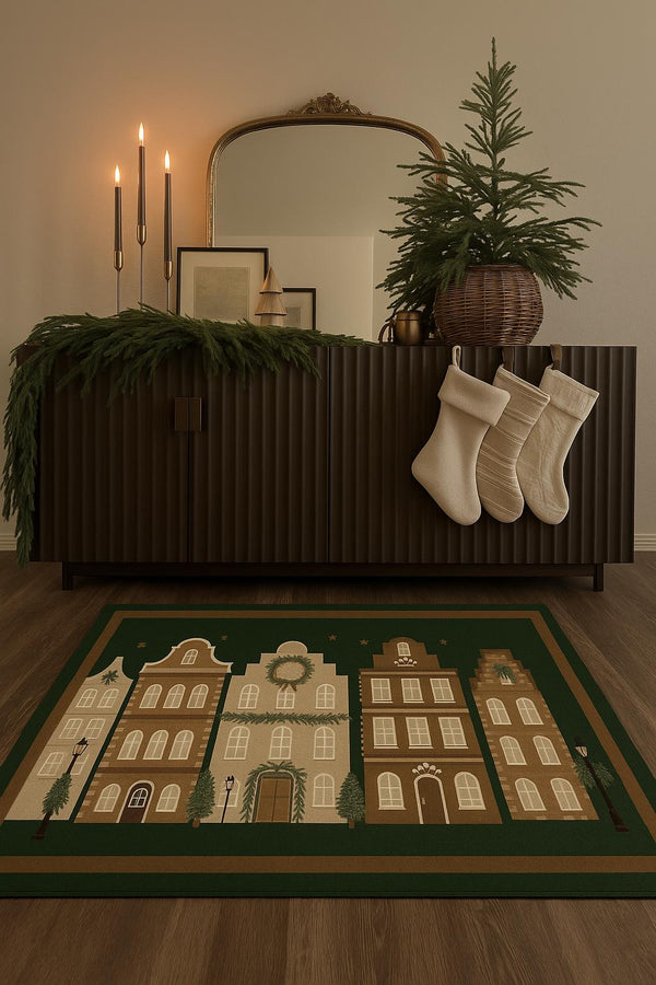 Missia Home Yeni Yıl Koleksiyonu 2026 Paspas Yeşil Evler Desen DP1006