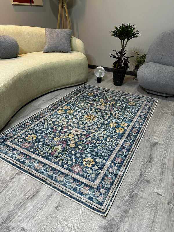 Missia Home Yıkanabilir Pamuk Taban MAVİ ÇİÇEKLİ HALI  7025