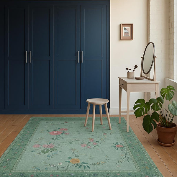 Missia Home Yıkanabilir Pamuk Taban YEŞİL ÇİÇEKLİ Halı 7021