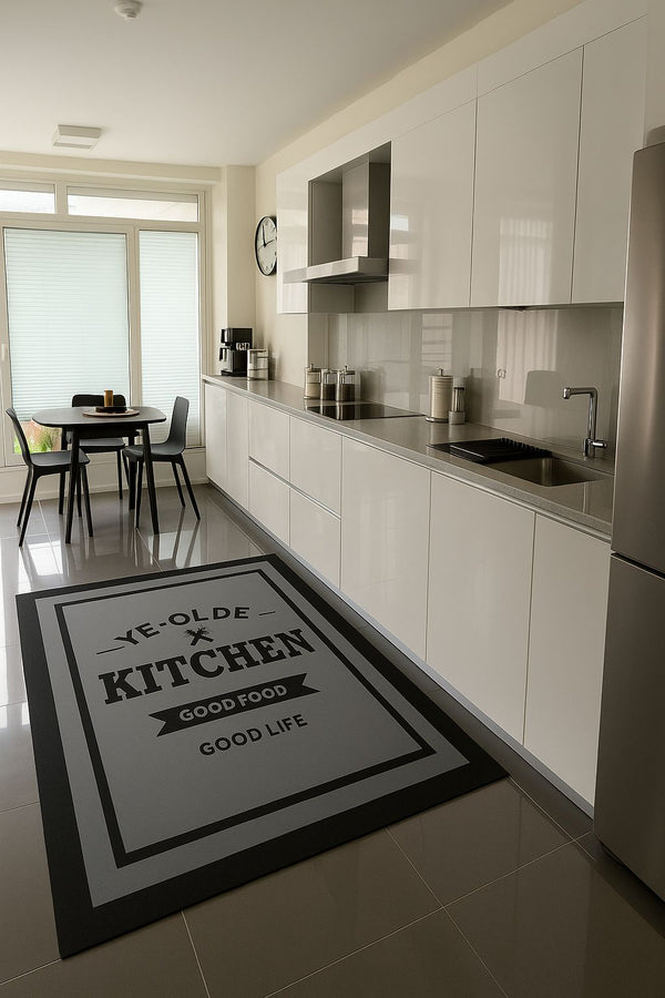 Missia Home Kitchen Yazılı  Gri Siyah Desen Dijital Baskı Kaymaz Taban Halı