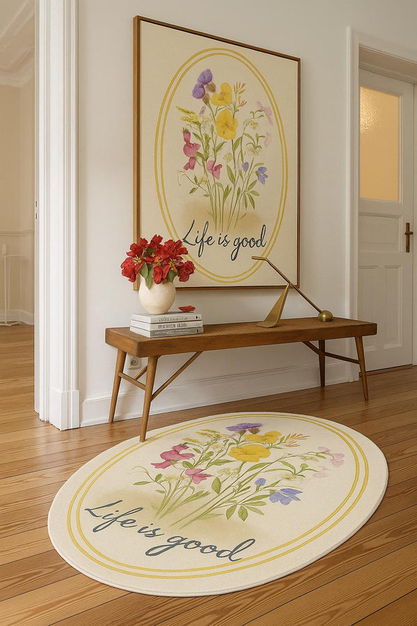 Missia Home DEKORATİF OVAL HALI  BOTANİK SERİSİ Renkli Çiçekli Life is Good Desen