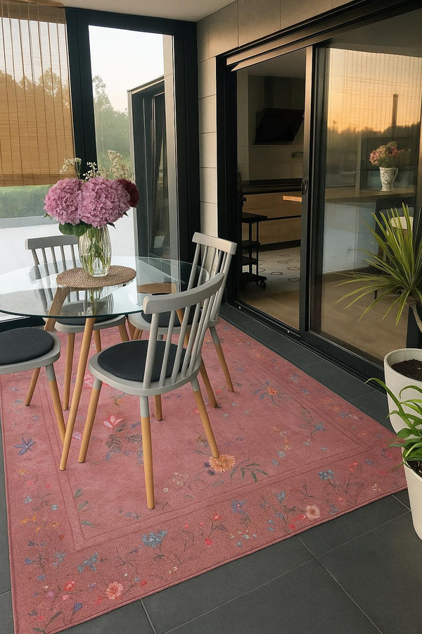 Missia Home Yıkanabilir Pamuk Taban PEMBE ÇİÇEKLİ Halı 7020