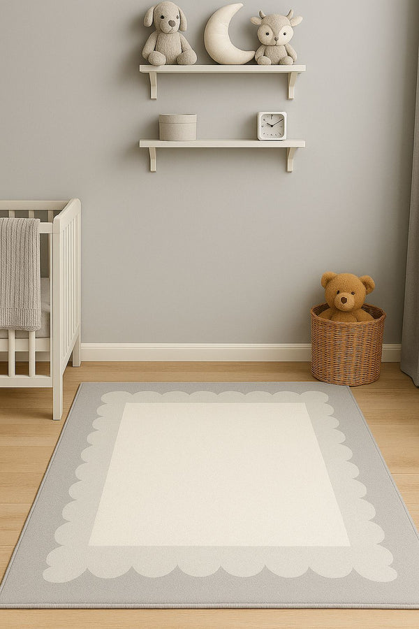 Missia Home EKRU Zeminli GRİ BULUT ÇERÇEVELİ (İsim Yazılabilir )Çocuk  Halısı