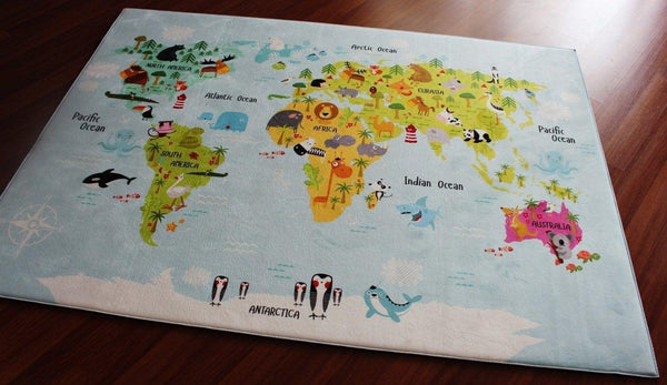 Children's carpet featuring a colorful world map design with animals and oceans for playful decor.