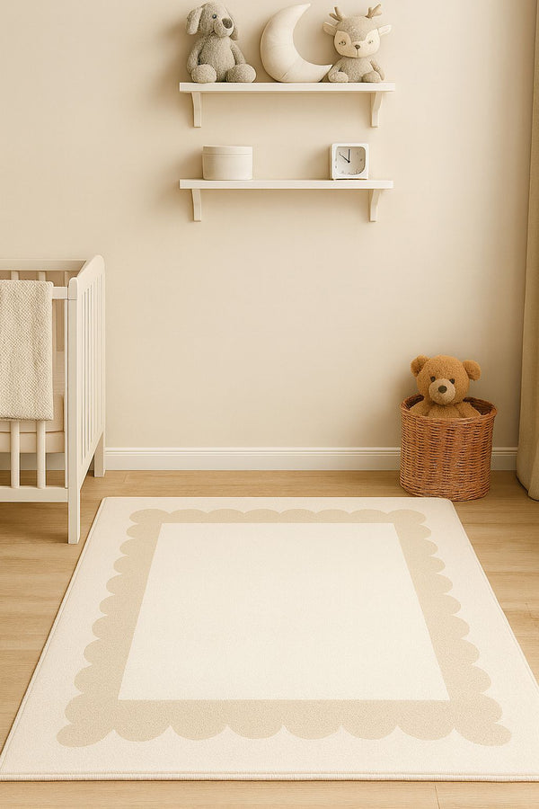 Missia Home EKRU Zeminli KAHVERENGİ BULUT ÇERÇEVELİ (İsim Yazılabilir )Çocuk  Halısı