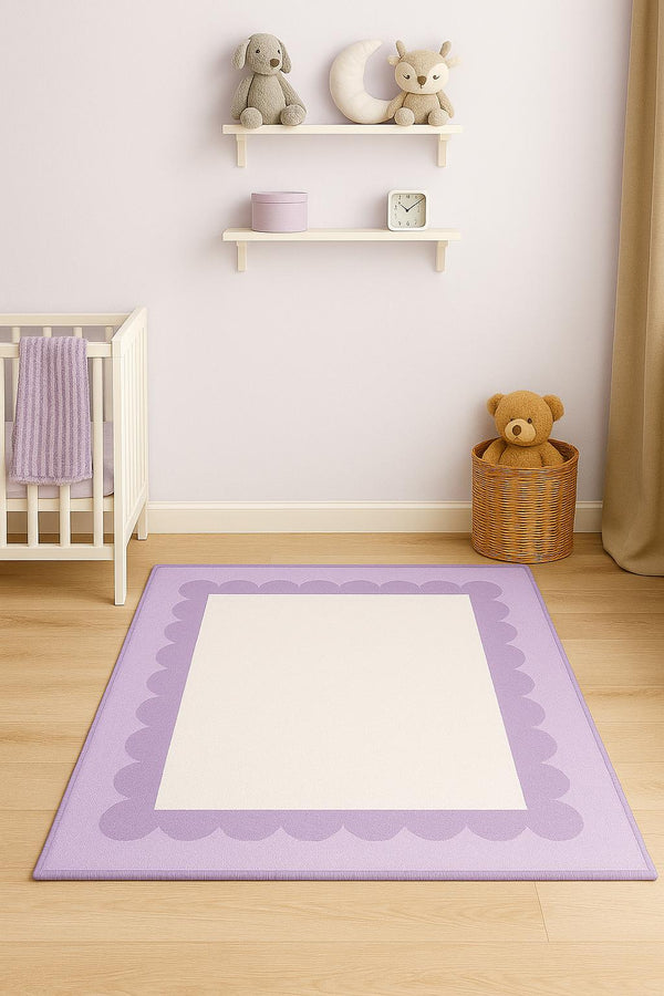 Missia Home EKRU Zeminli LİLA KENARLI BULUT ÇERÇEVELİ (İsim Yazılabilir )Çocuk  Halısı