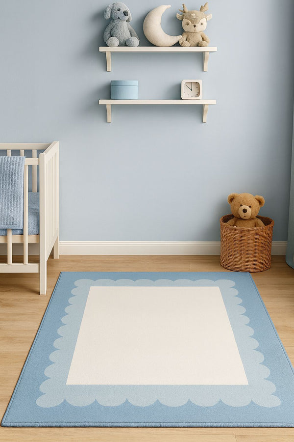 Missia Home EKRU Zeminli MAVİ BULUT ÇERÇEVELİ (İsim Yazılabilir )Çocuk  Halısı