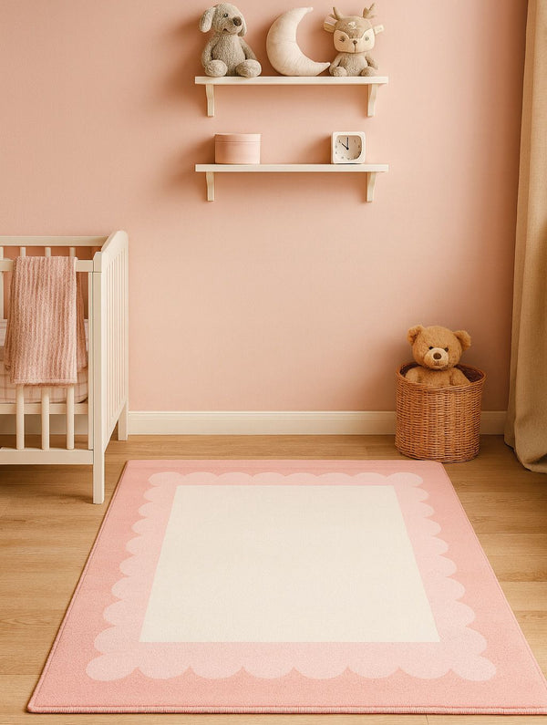 Missia Home EKRU Zeminli PEMBE KENARLI BULUT ÇERÇEVELİ (İsim Yazılabilir )Çocuk  Halısı