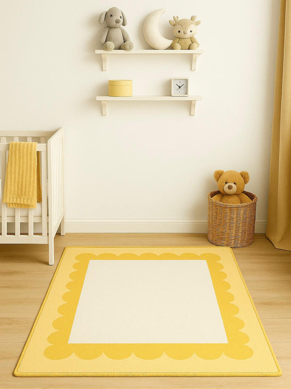 Missia Home EKRU Zeminli SARI KENARLI BULUT ÇERÇEVELİ (İsim Yazılabilir )Çocuk  Halısı